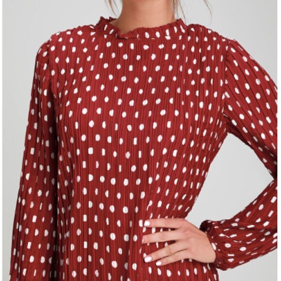 Lulus Pleat to Meet You Wine Red Polka Dot Long Sleeve Shift Dress - Picture 2 of 8